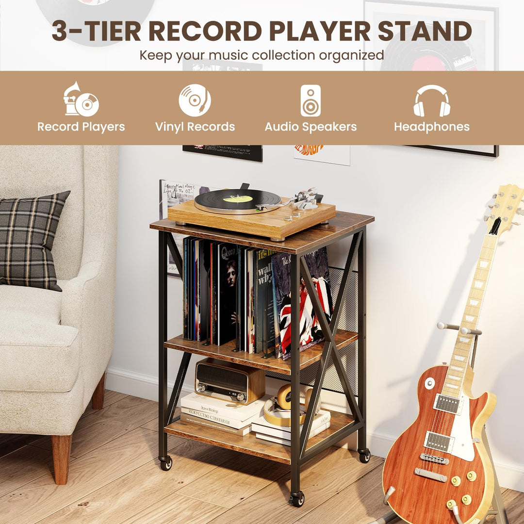 Giantex Record Player Stand with Charging Station Turntable Stand with Record Storage & 4 Rolling Wheels