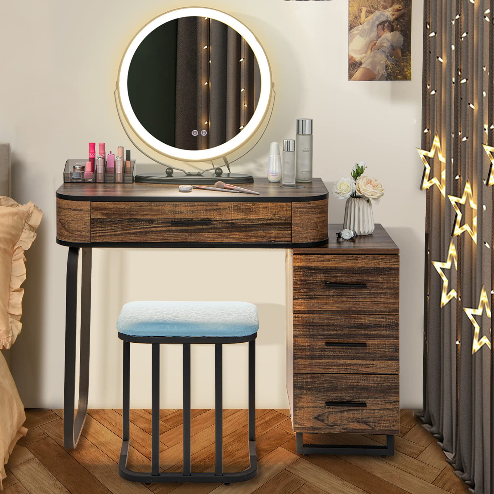 CHARMAID Makeup Vanity Table with Lights, Vanity Desk with 3 Color Lighted Mirror, Rustic Brown