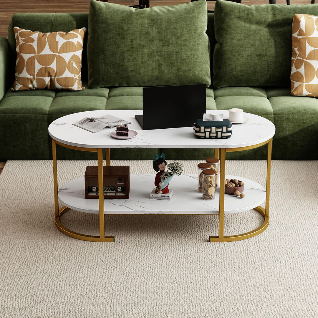 Giantex 2-Tier Coffee Table Oval Center Table with Wood Grain Top & Open Storage Shelf