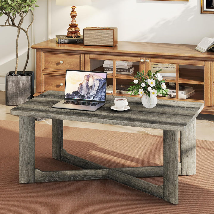 Giantex Farmhouse Wood Coffee Table Rectangle Center Table with X-Shaped Base & Rubber Wood Frame
