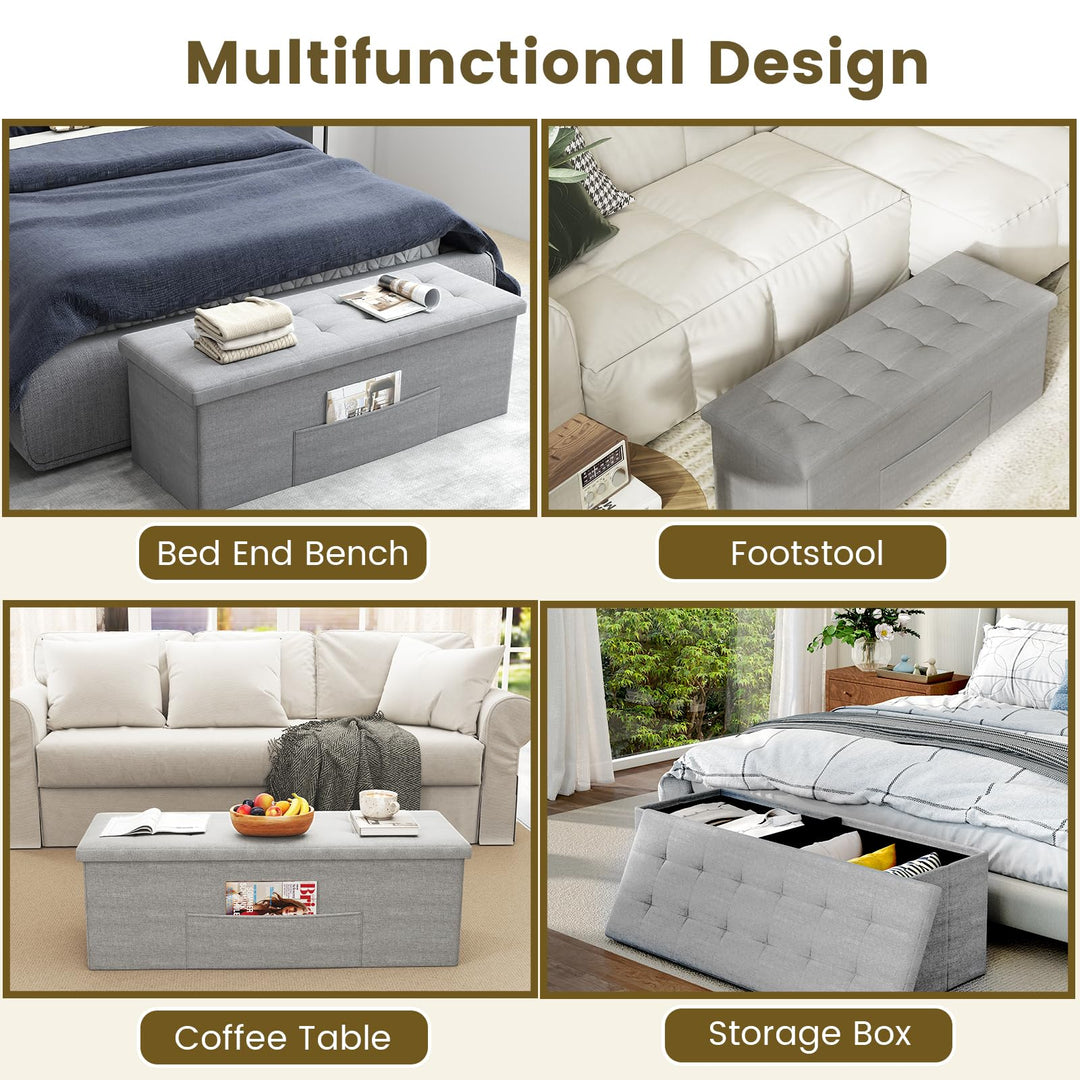Giantex 43 Inches Folding Storage Ottoman Bench Upholstered Storage Chest with Side Pocket