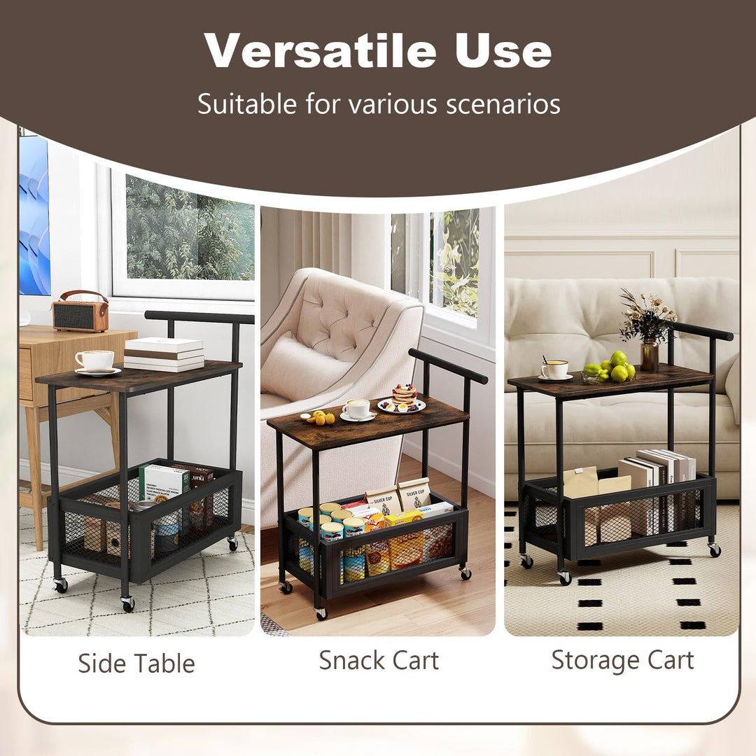 Giantex Rolling End Table with Handle 2-Tier Sofa Side Table with Open Shelf & Mesh Basket