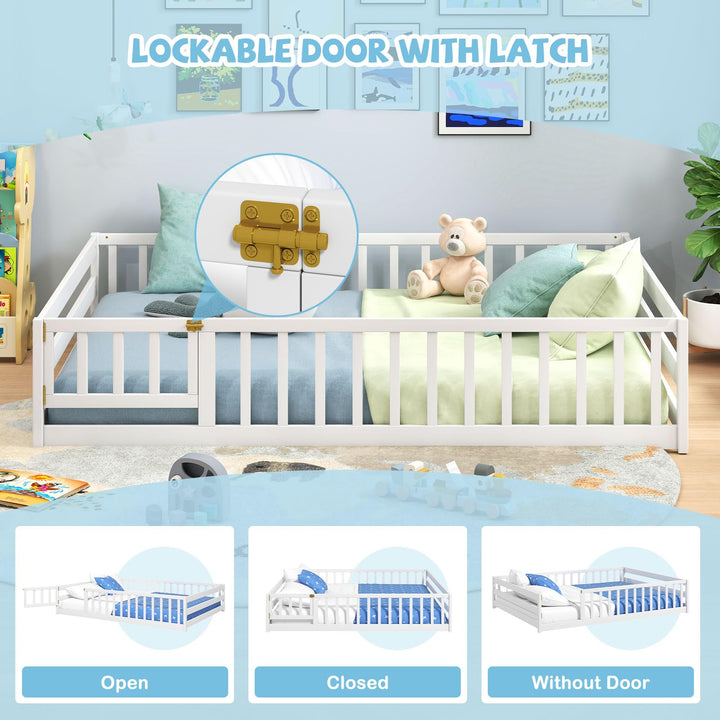 Giantex Floor Bed with Door & Fence Kids Wood Montessori Beds with Safety Guardrails