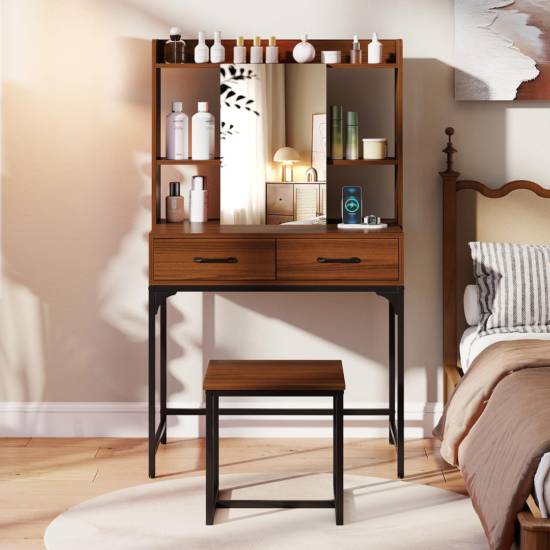 CHARMAID Vanity Desk with Charging Station Mirror Cabinet with Hidden Storage