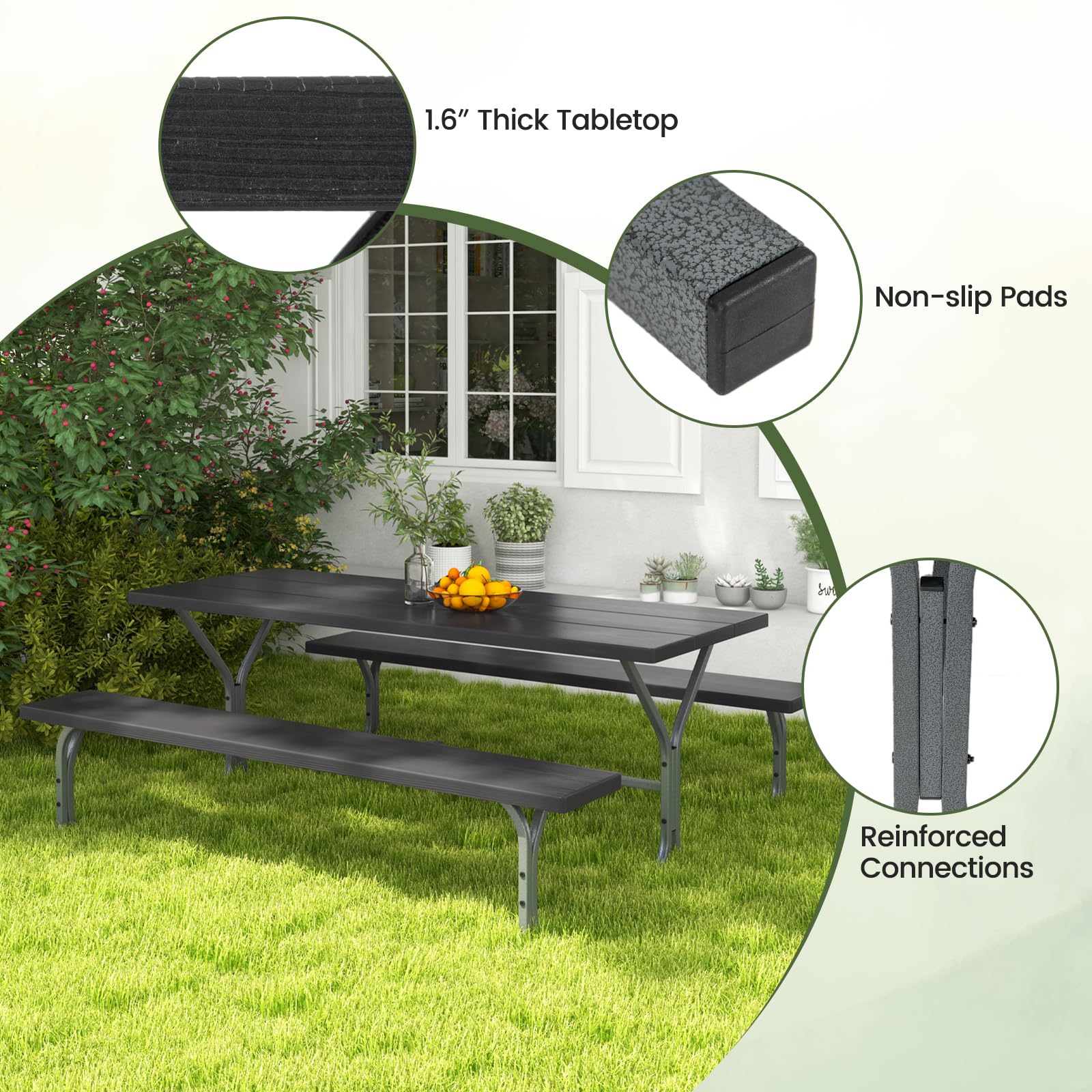 Giantex Picnic Table 6FT for 8 Person, Outdoor Table Set w/ 2 Benches