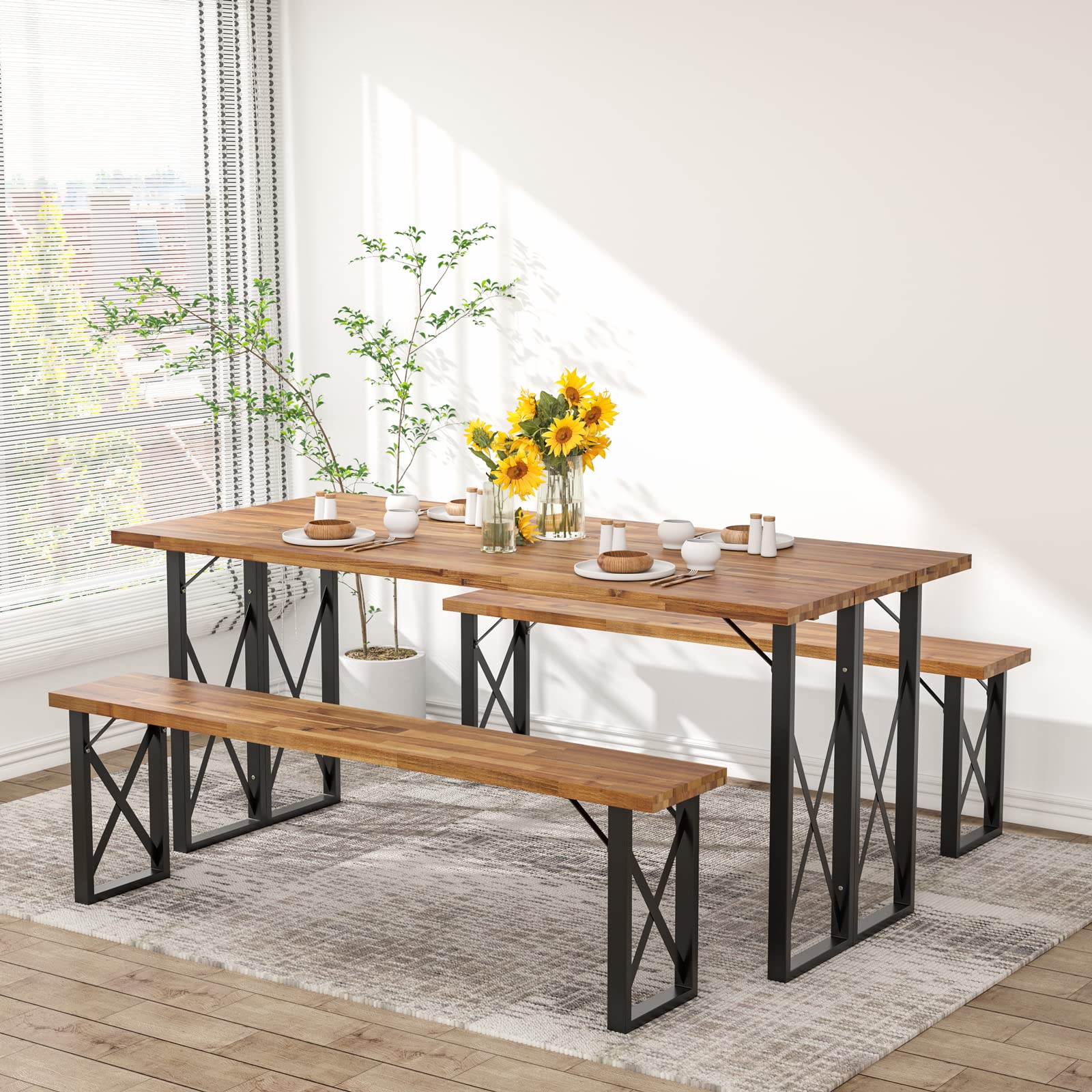 Giantex Outdoor Picnic Table Set with 2 Benches, Acacia Wood Patio Dining Table Set for 6 or 4 Persons, with 2” Umbrella Hole