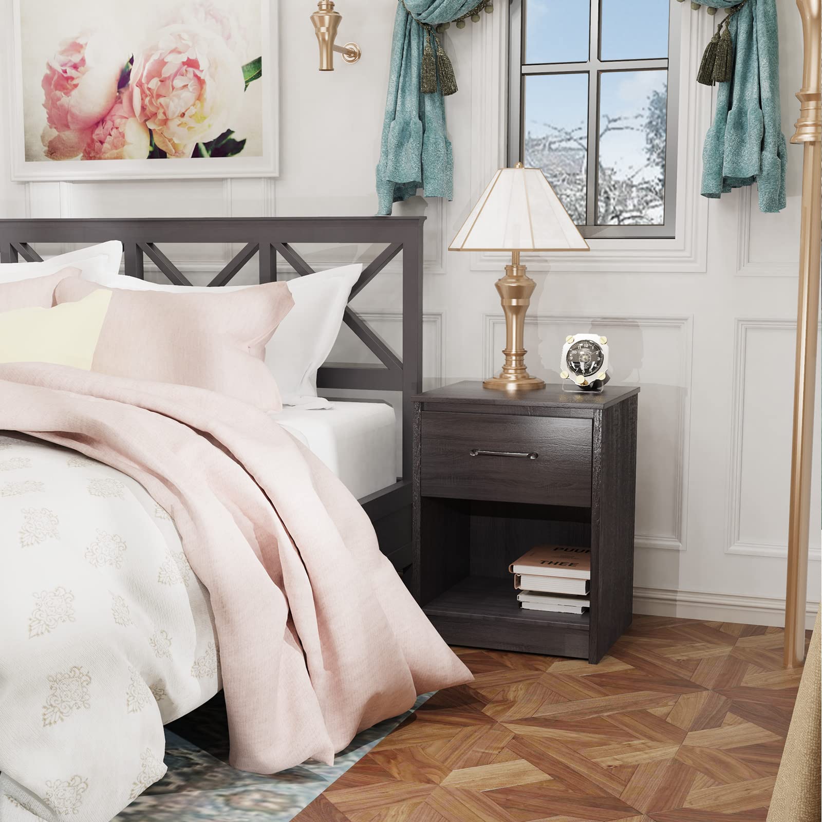 Nightstand w/Drawer, Wooden End Table w/Open Storage Compartment