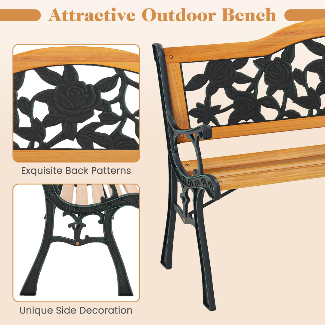 Giantex Outdoor Bench, Garden Bench with Slatted Seat, Curved Armrests, Flower Pattern Backrest, 470 Lbs Capacity