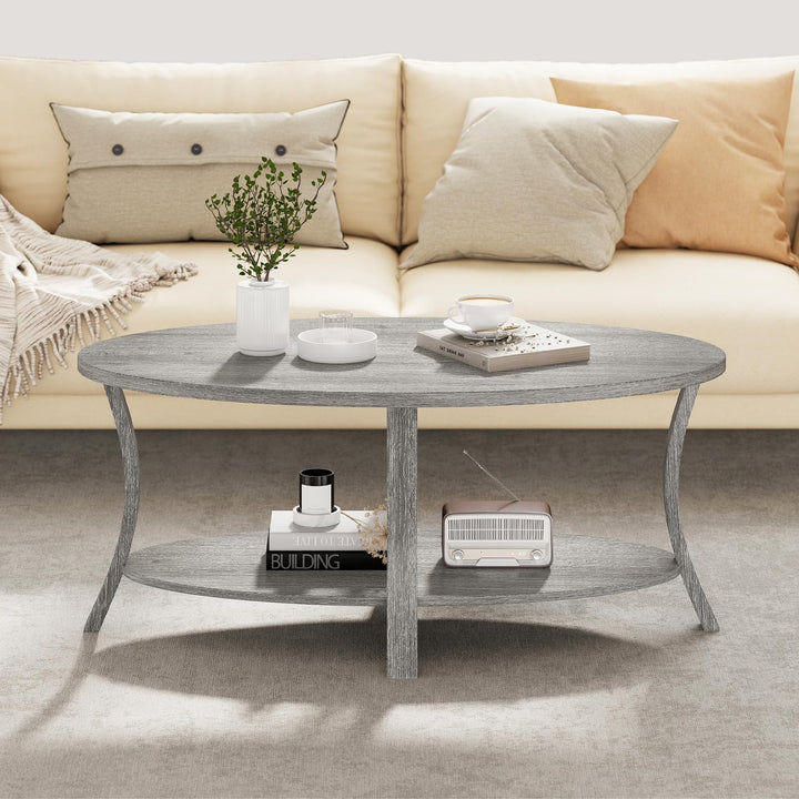 Giantex 44 Inch Oval Coffee Table 2-Tier Center Table with Storage Shelf & Rubber Wood Frame