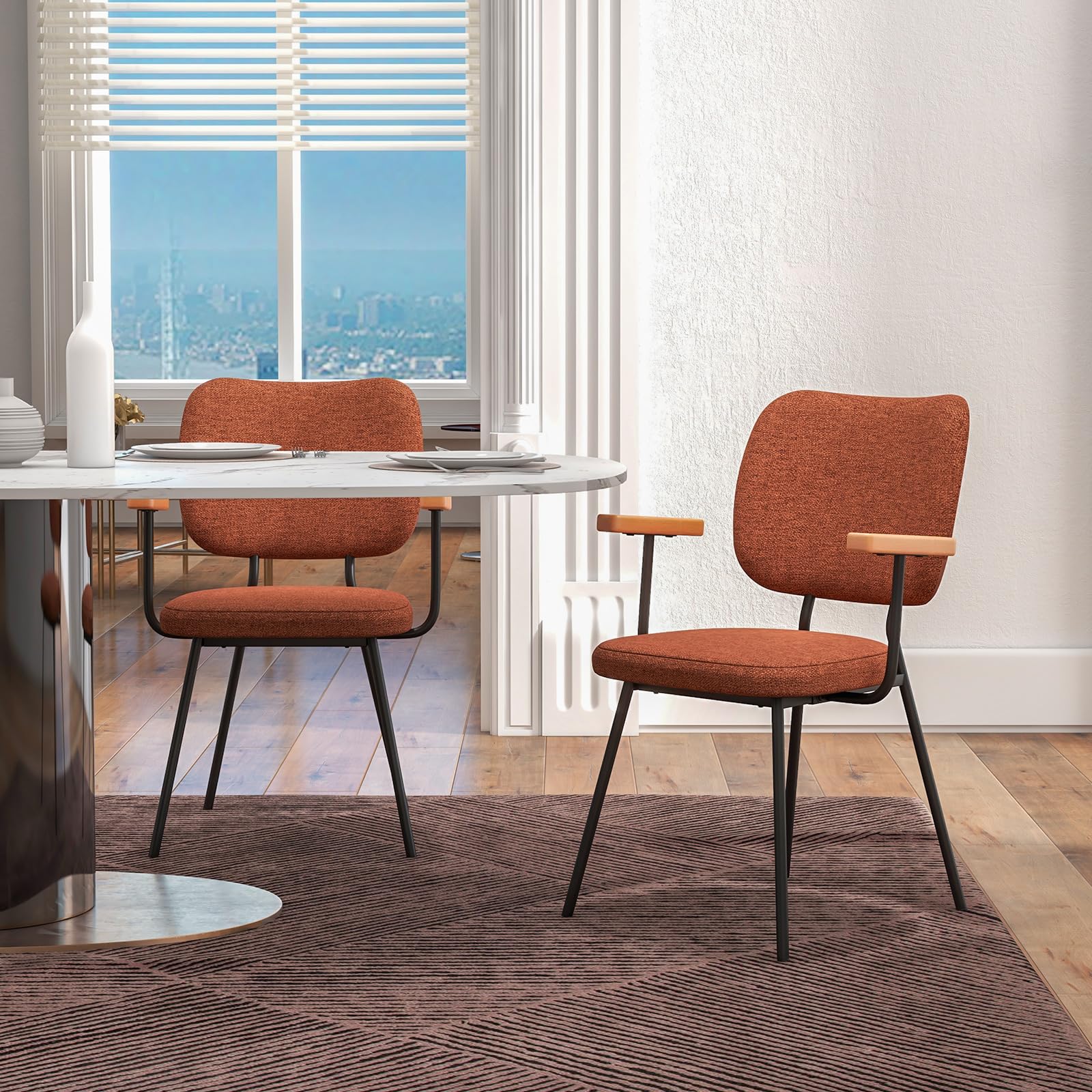 Modern Fabric Dining Chair Set of 2, Padded Armchairs with Linen Fabric