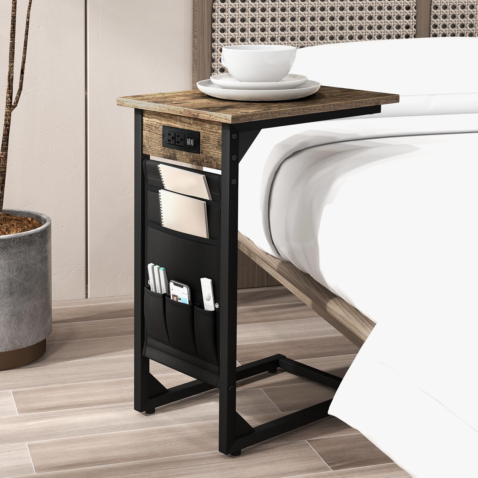 Giantex C Shaped End Table Set of 2, Sofa Side Table with Charging Station & Side Storage Bag, Rustic Brown