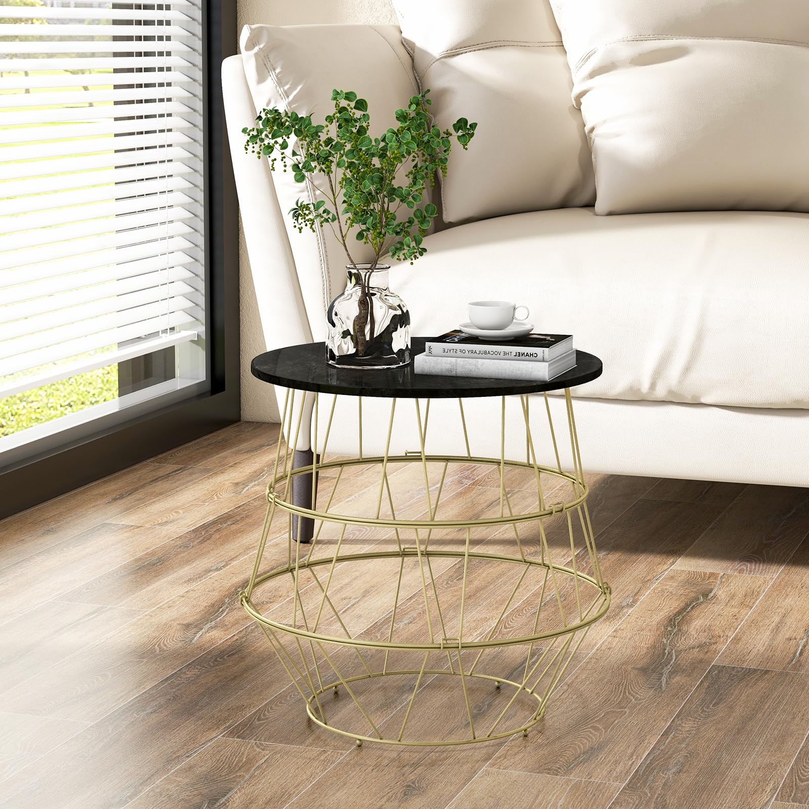 Giantex Round Coffee Table, Faux Marble Side End Table with Gold Metal Frame & Removeable Top