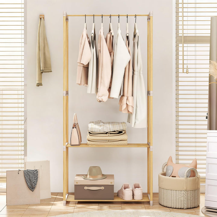 Giantex Pine Wood Clothes Rack with 2-Tier Open Storage Shelf for Hanging Clothes
