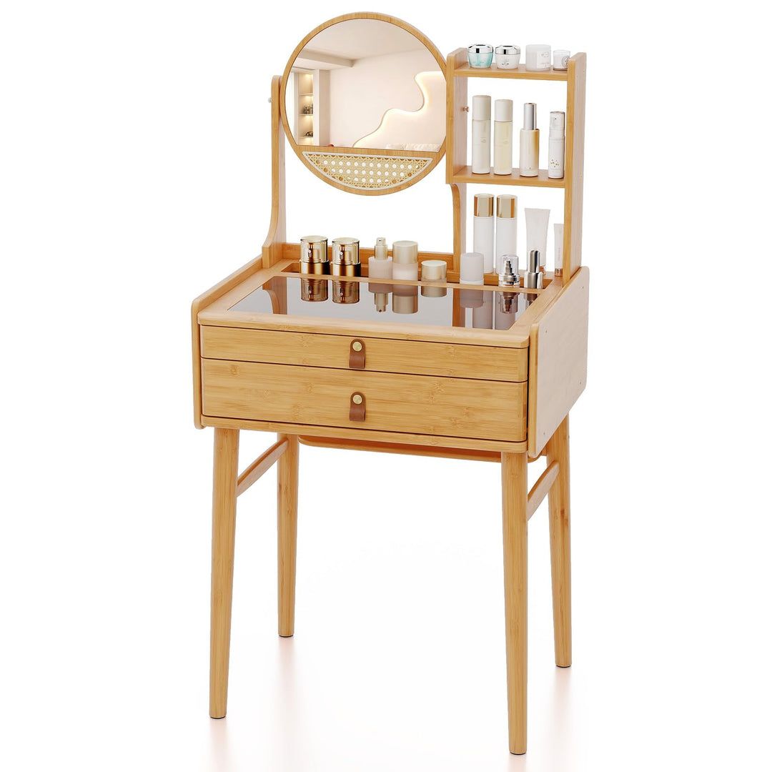 CHARMAID Small Vanity Desk with Mirror Glass Top Bamboo Makeup Vanity Table