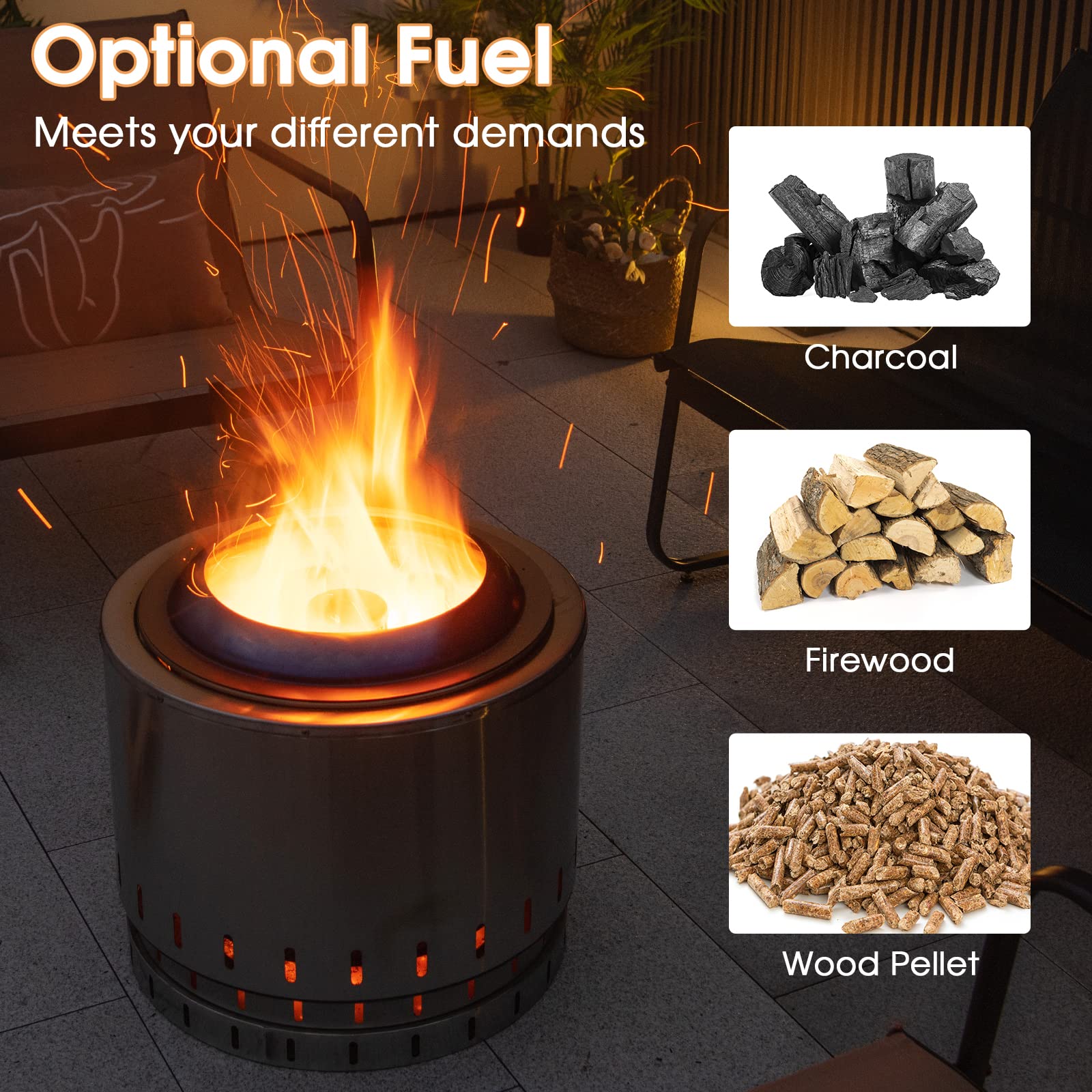 Giantex Smokeless Fire Pit for Outside - 19.5 Inch Stainless Steel Wood Burning Firepit with Protective Cover