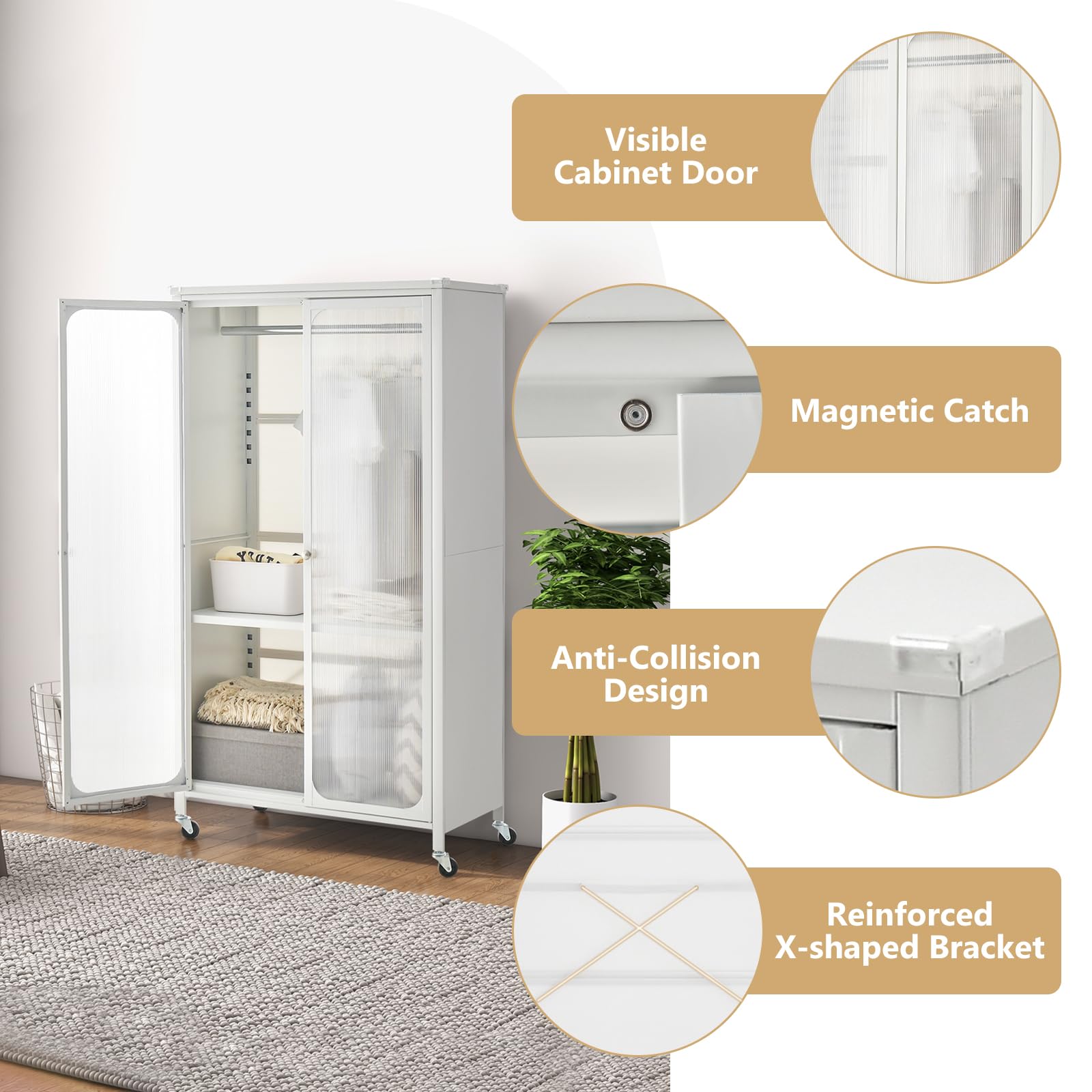 Portable Closet with Rollers, Mobile Metal Armoire Closet with Hanging Rod