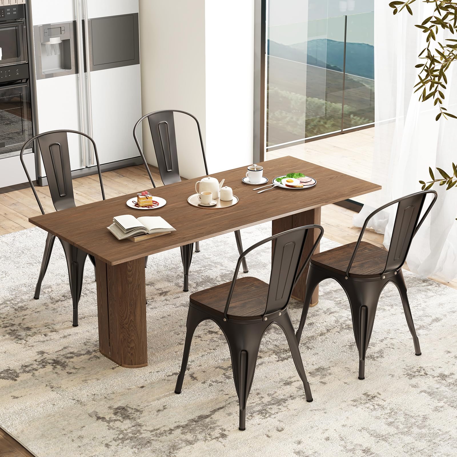 Giantex Metal Dining Chairs Set of 4, Stackable Kitchen Chairs with Wood Seat & Removable Backrest