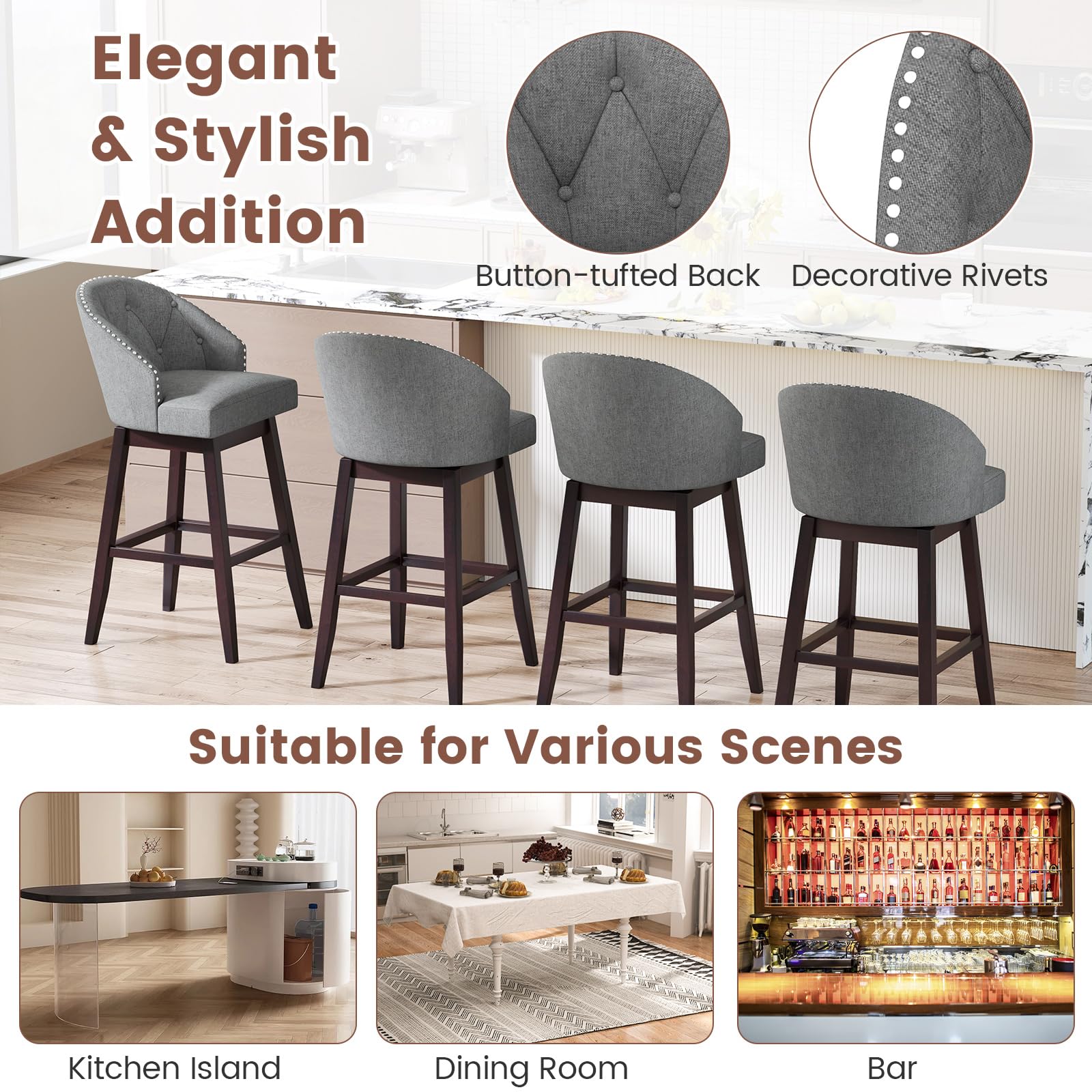 Giantex Modern Upholstered Bar Stools Set of 2/4, 31" Bar Height Swivel Kitchen Stools w/Button-Tufted Back