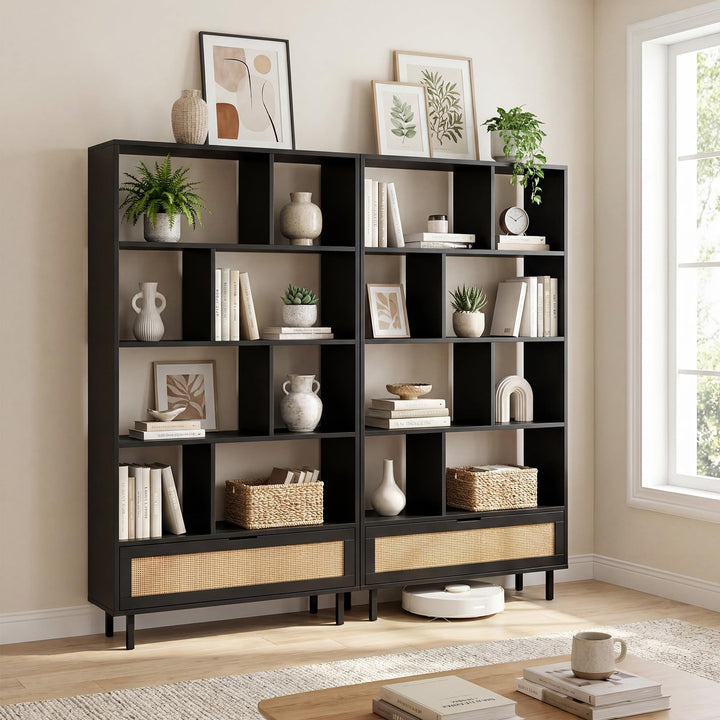 Giantex 64" Tall 6-Tier Wood Bookshelf with Rattan Drawer