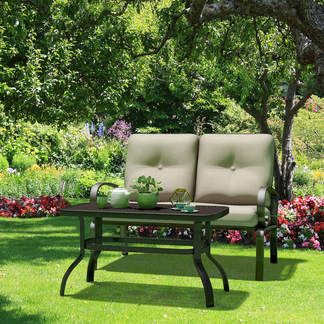 2 Pcs Patio Loveseat with Coffee Table Outdoor Bench with Cushion and Metal Frame