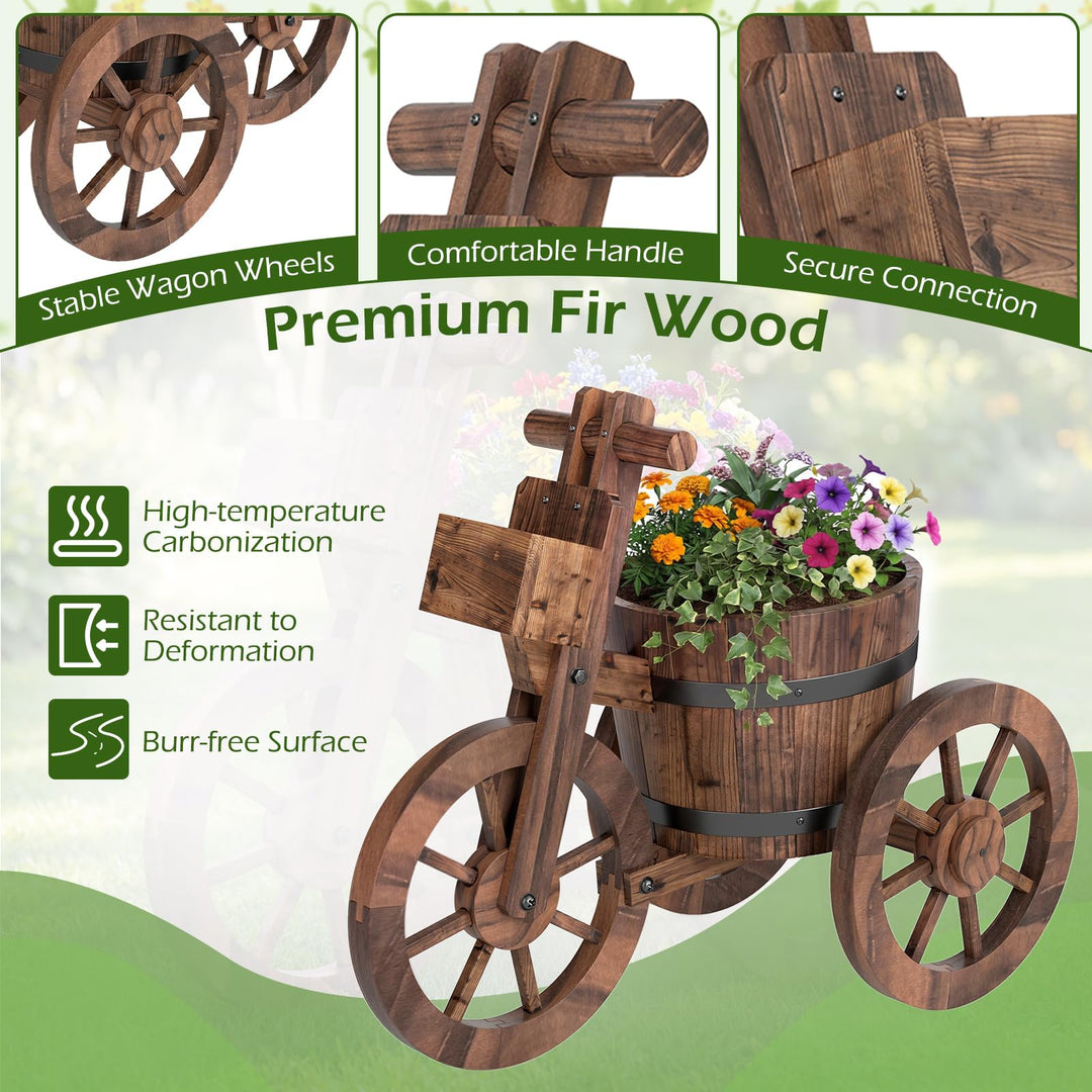 Giantex Wooden Wagon Planter with Wheels for Patio Backyard Balcony
