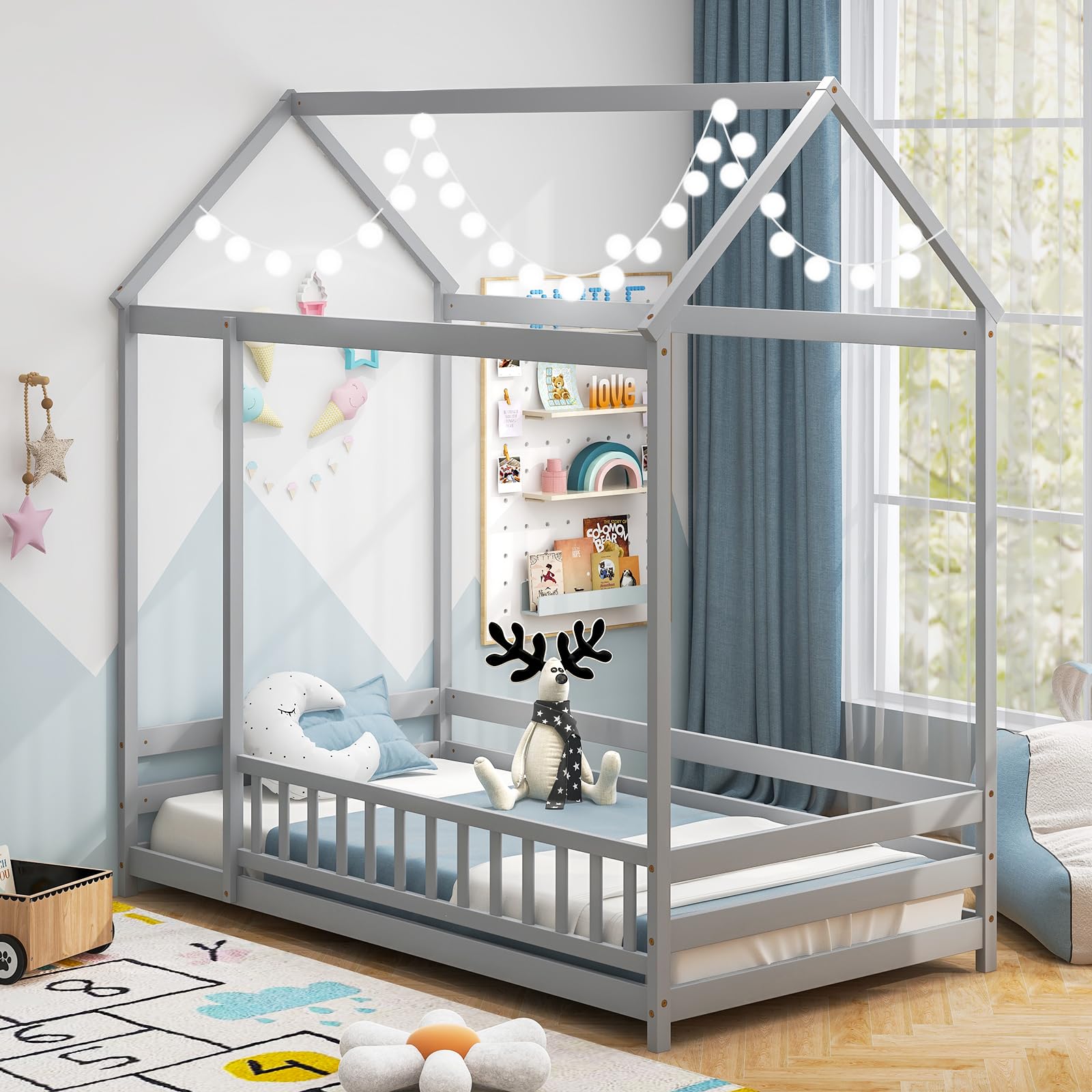 Giantex Twin Floor Bed with Fence, Wood Montessori Bed with Safety Guardrails and 80.5" High Roof Design