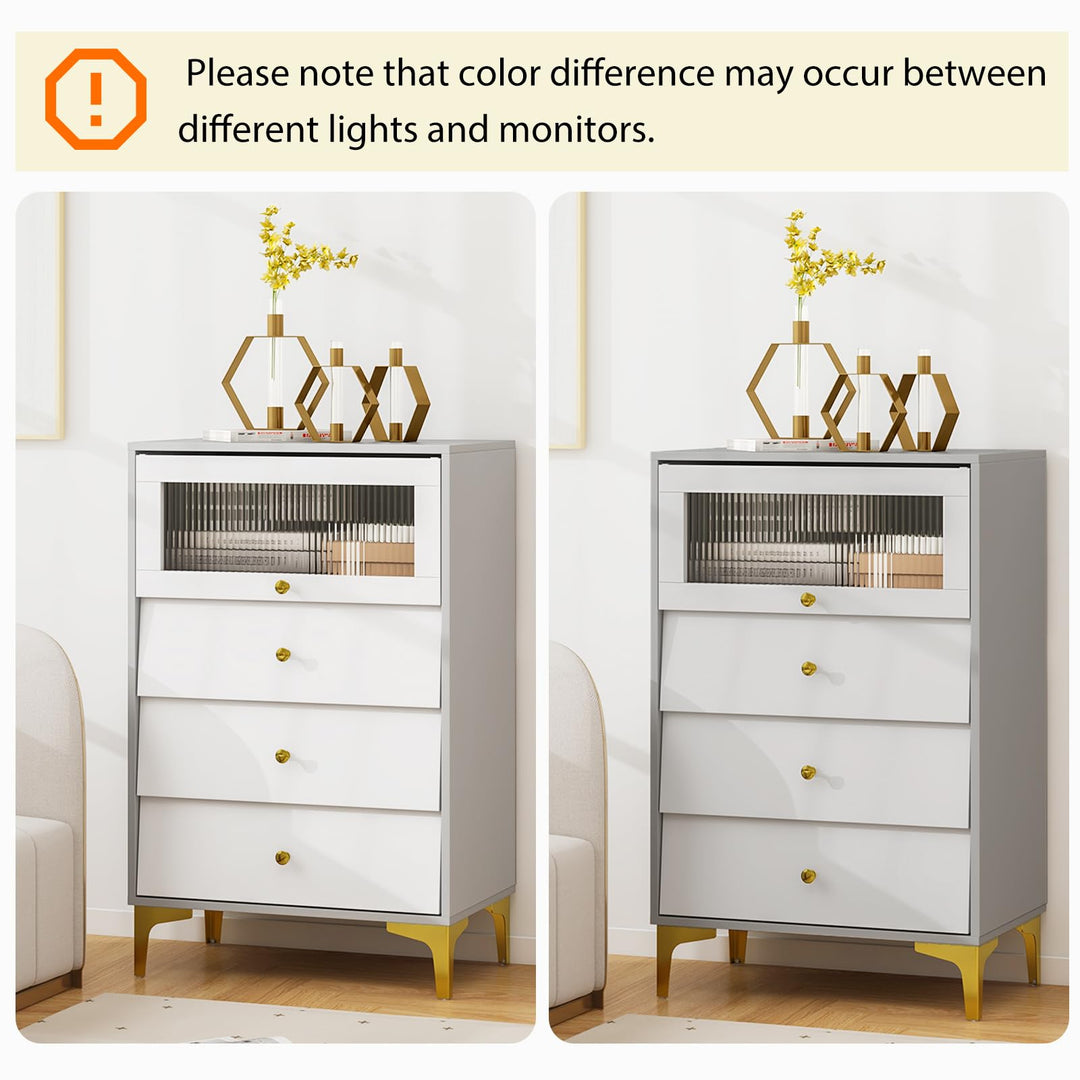 Giantex 3 Drawer Dresser, Modern Storage Cabinet w/Flip Up Fluted Glass Door & Pull-Out Drawers