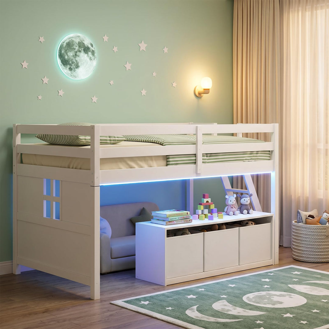 Giantex Kids Low Loft Bed Twin Size with LED Lights