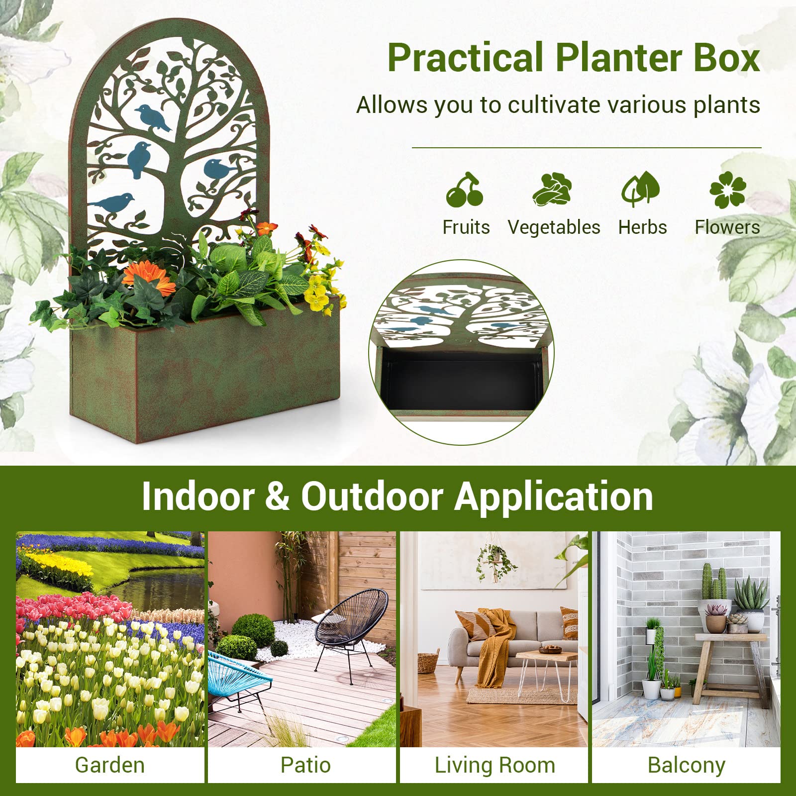 Giantex Raised Garden Bed Set of 2 - Wall-Mounted & Freestanding Decorative Planter Boxes with Trellises