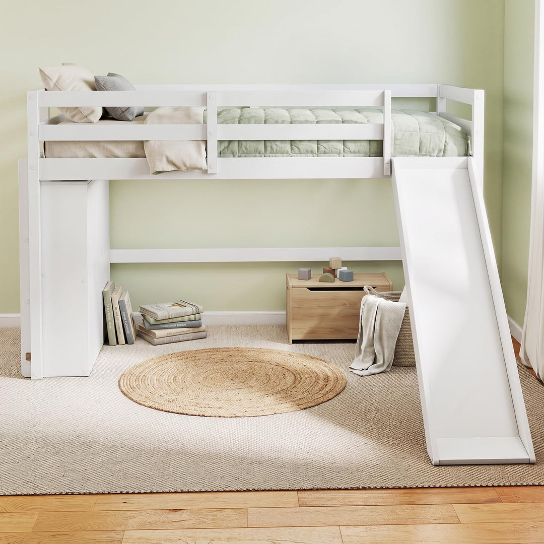 GIANTEX Twin Size Loft Bed with Slide &amp; Under Bed Play Space