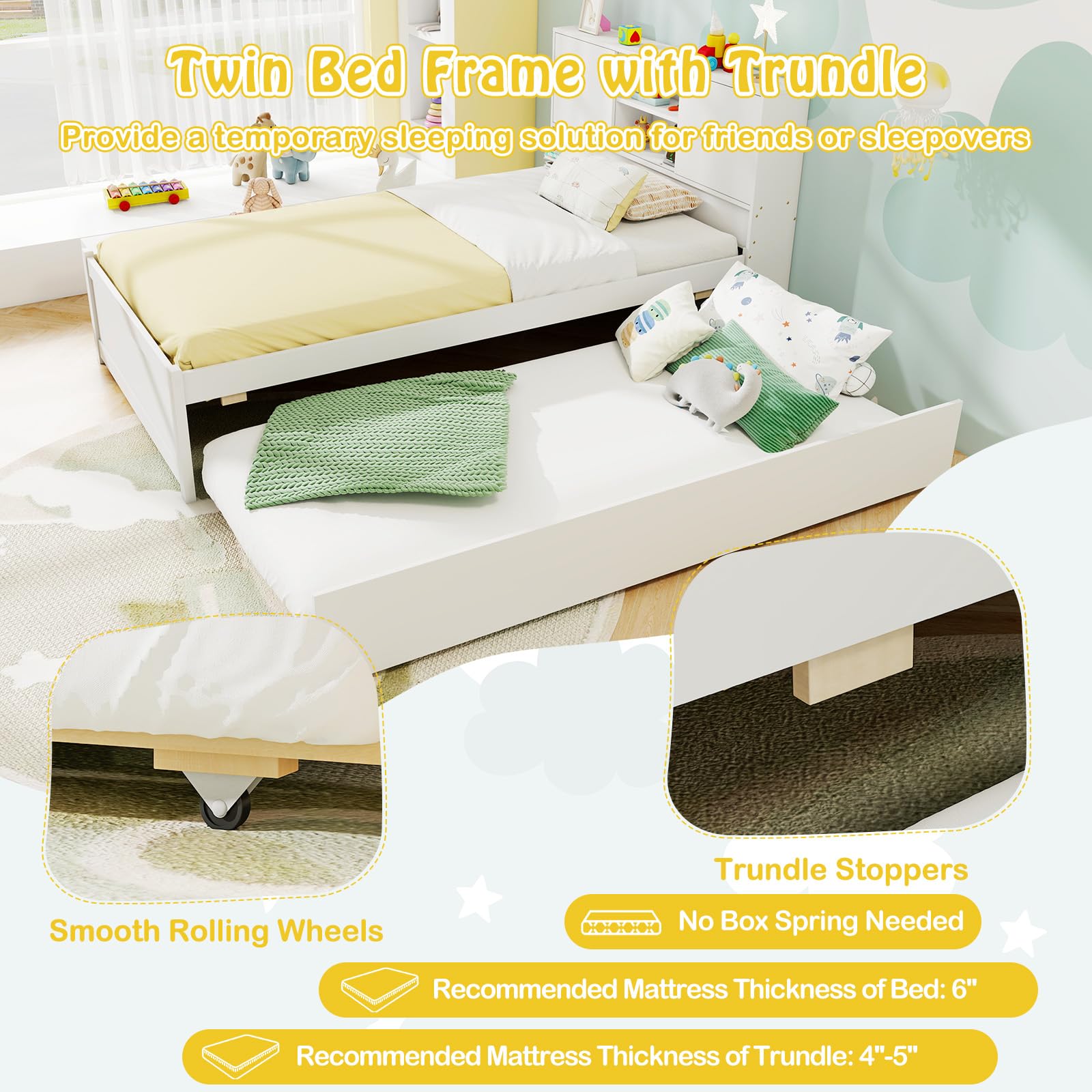 Giantex White Twin Size Bed Frame with Trundle and Bookcase Headboard