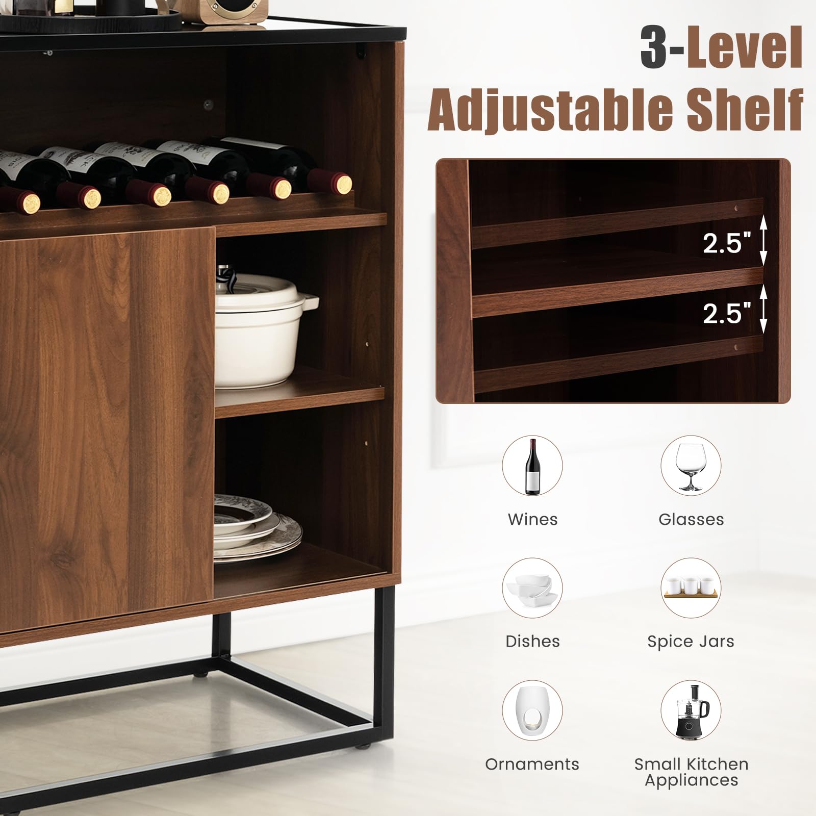 Giantex Wine Bar Cabinet, Small Sideboard Buffet Cabinet with Tempered Glass Top, Adjustable Feet & Shelf, Sliding Door