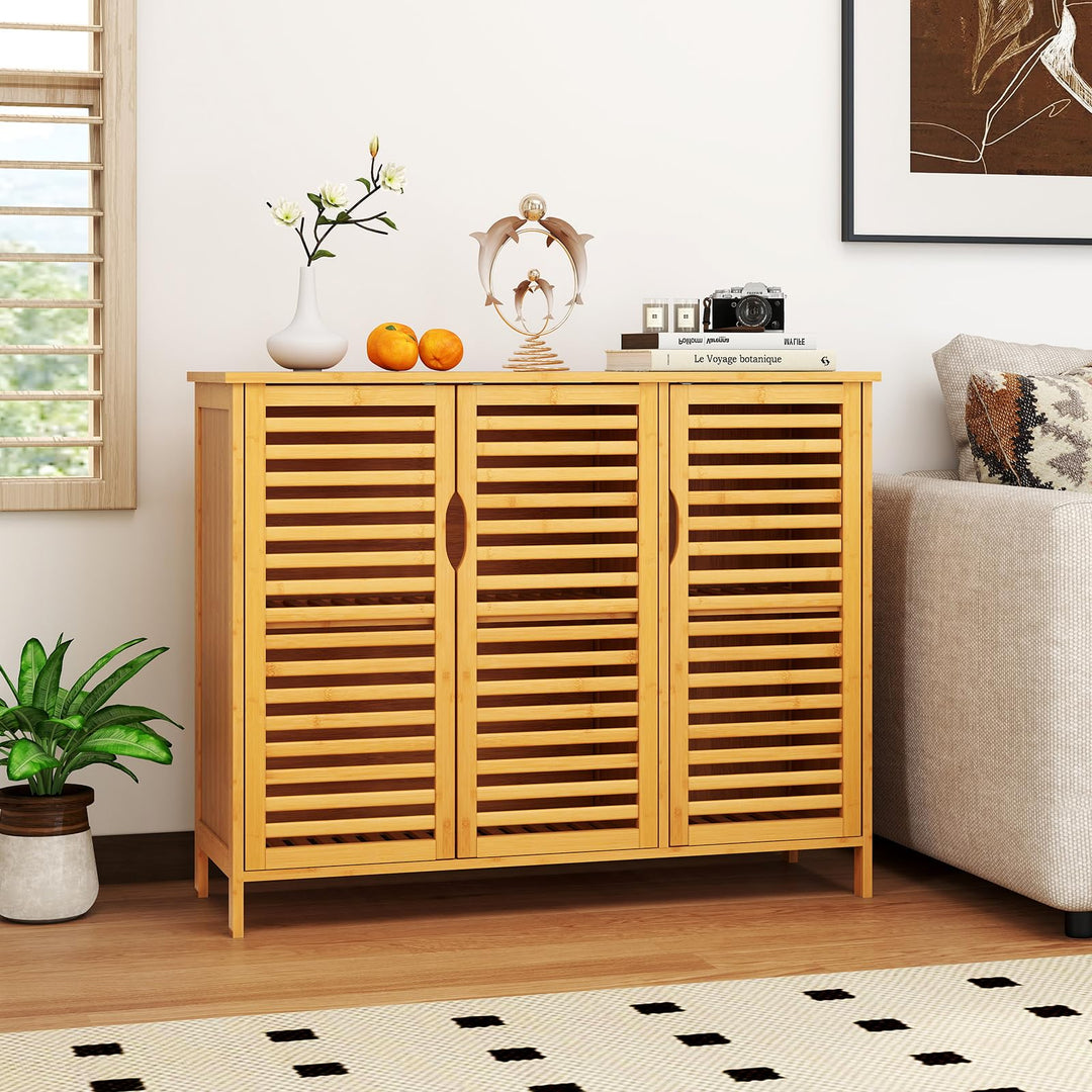 Giantex Bamboo Bathroom Storage Cabinet 3-Door Storage Organizer with Shelves