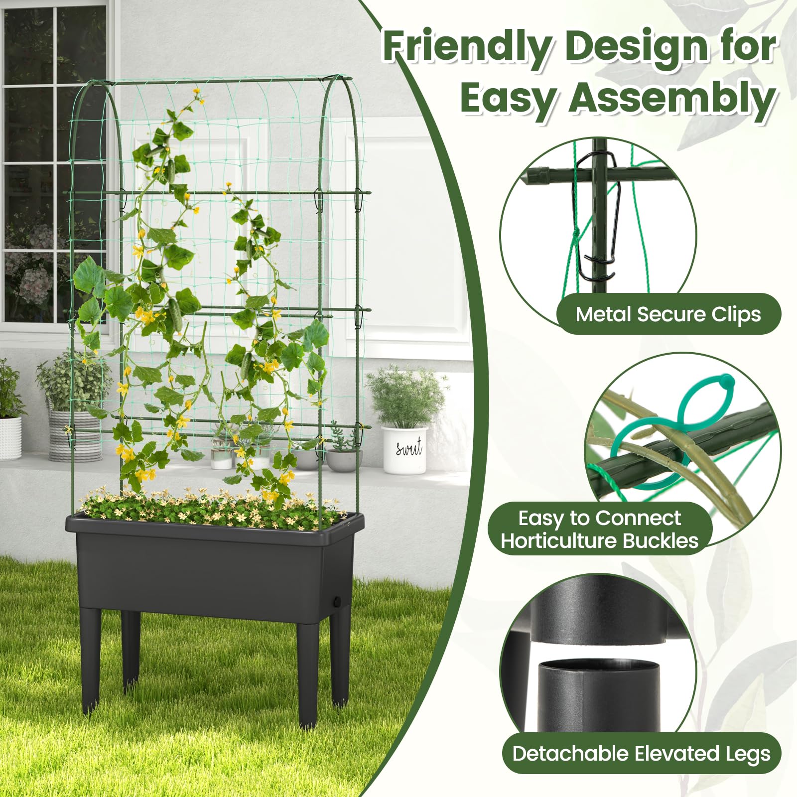 Giantex Raised Garden Bed with Climbing Trellis, Self-Watering Elevated Planter