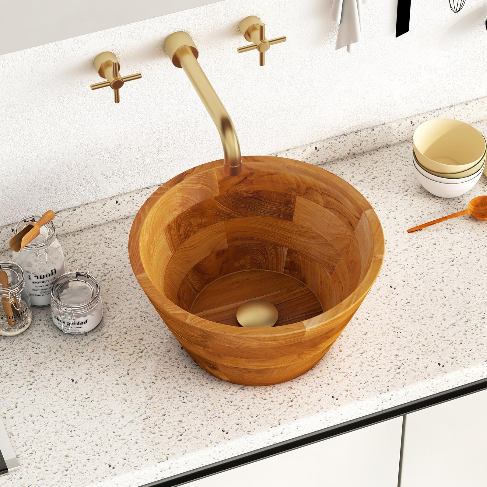 Giantex Teak Wood Vessel Sink - Bathroom Washbasin with Smooth Finish, Round Corner (16” x 16” x 8”)