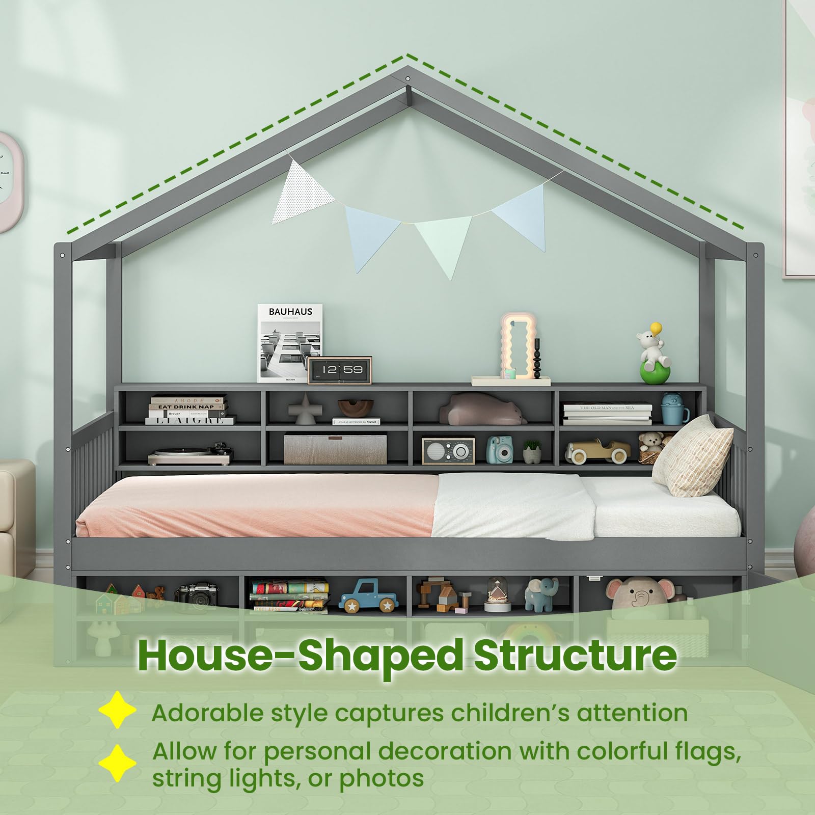 Giantex Twin Size House Bed with Storage, Wooden Montessori House Bed with 14 Storage Cubes