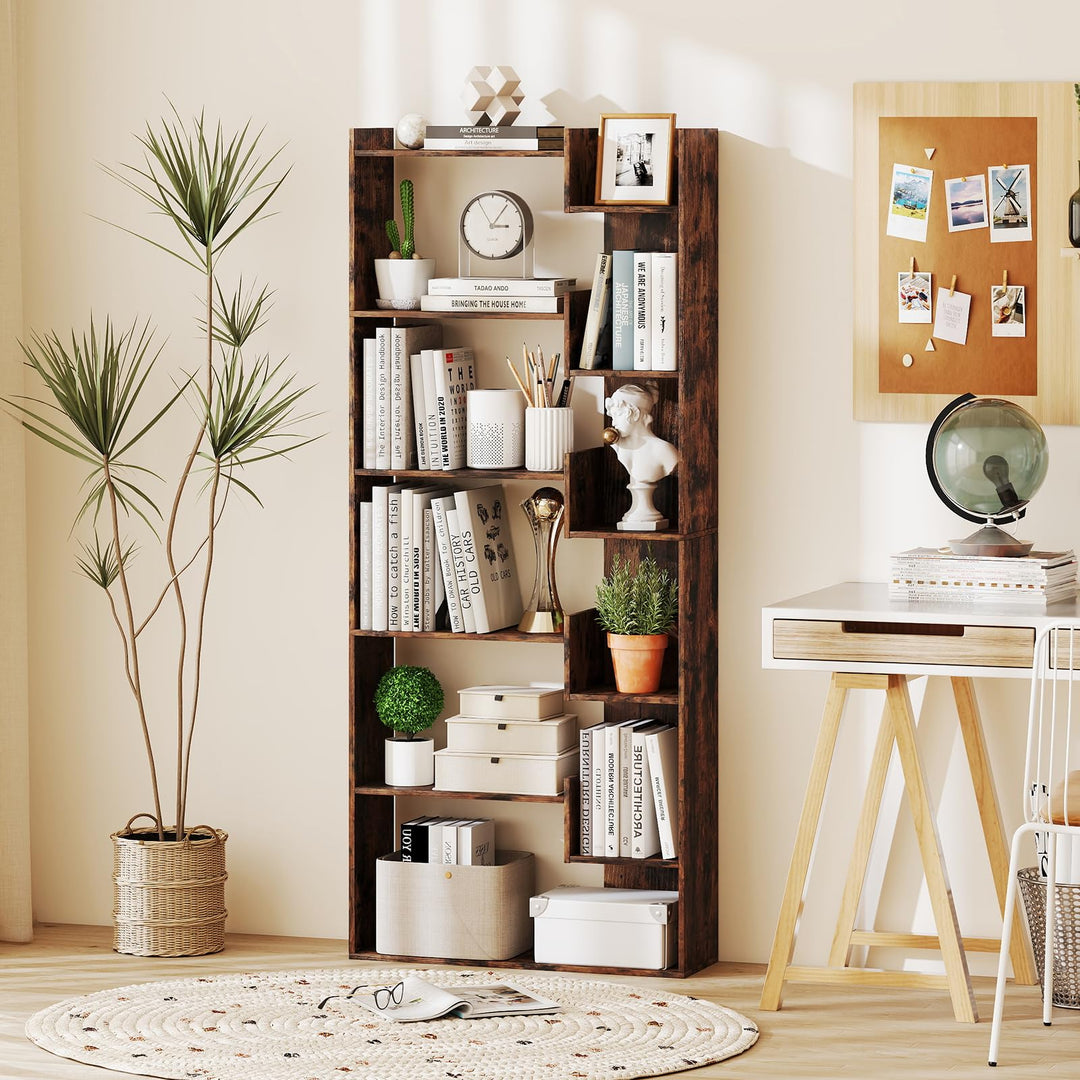 Giantex 6-Tier Bookshelf Wooden Bookcase with Staggered Shelves