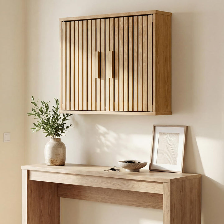 Giantex Wall Mounted Wooden Medicine Cabinet with 2 Slatted Doors