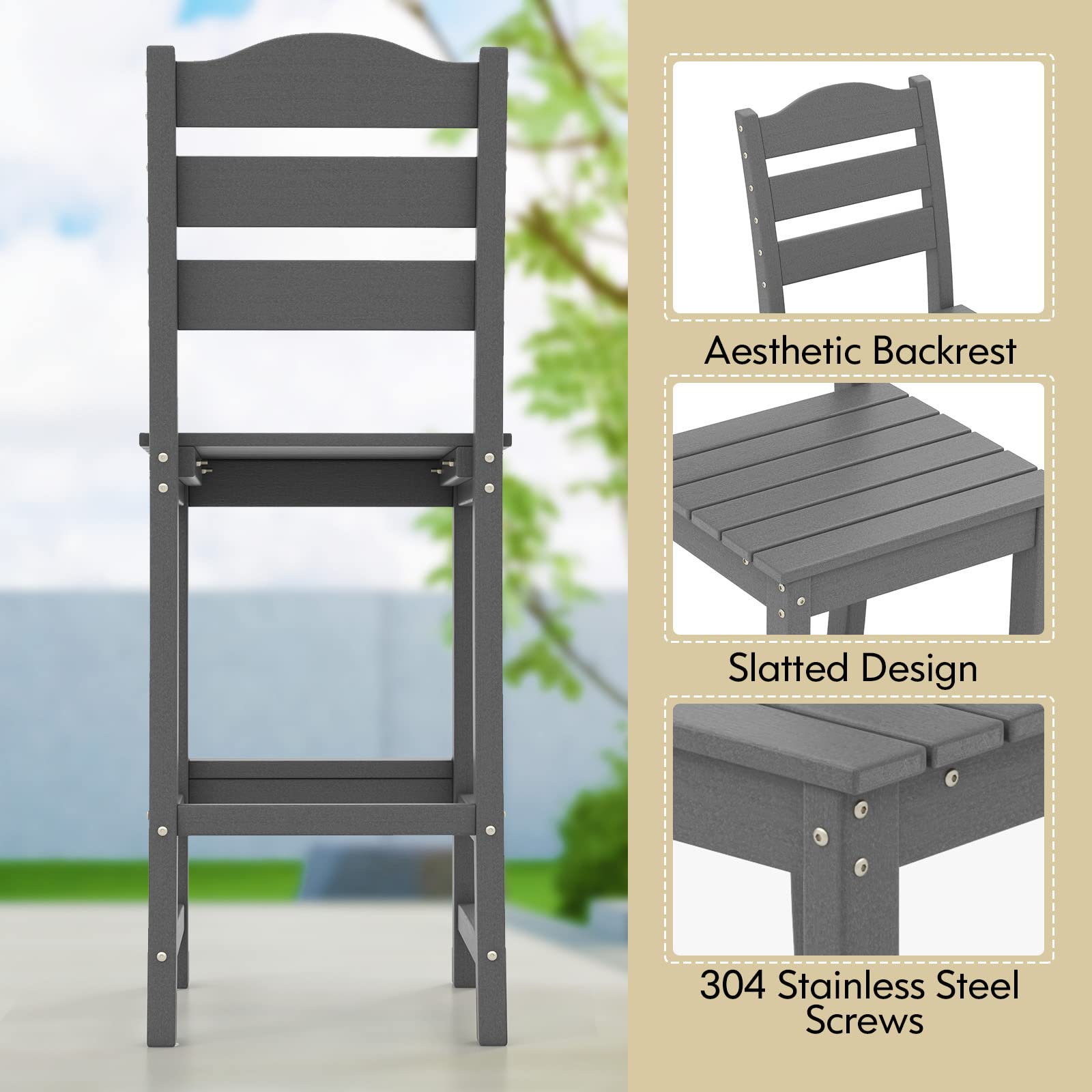 Giantex Outdoor HDPE Bar Stool, Patio Tall Bar Chair with Backrest and Footrest, 30 Inches Counter Height Barstools