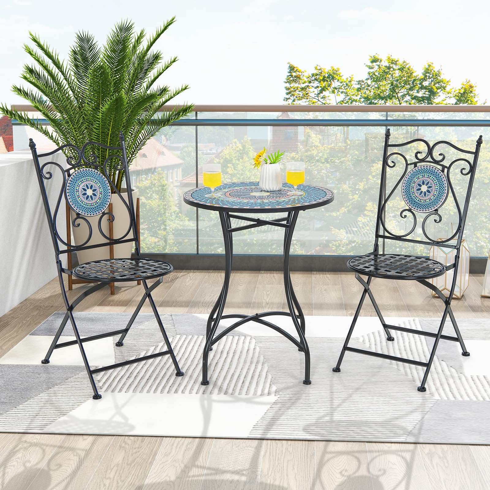 Giantex Patio Folding Chairs, Mosaic Bistro Chairs w/Backrest & Round Seat for Porch Balcony Lawn