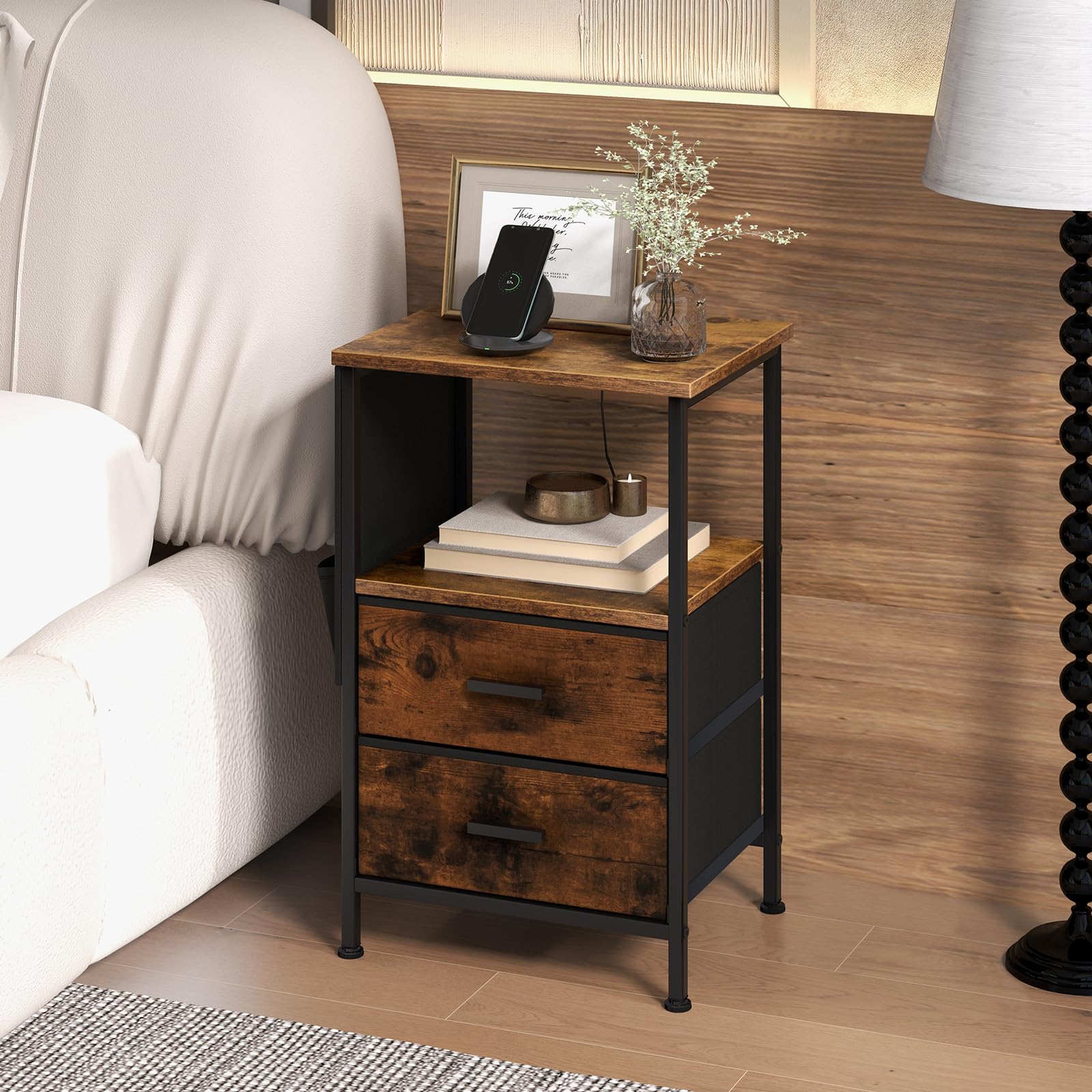 Giantex Nightstand with Charging Station, Industrial Bedside Table with 2 Fabric Drawers & 6 Storage Pockets