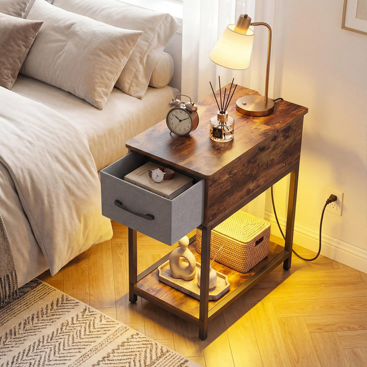 Giantex Narrow Side Table with Charging Station and LED Lights Industrial End Table