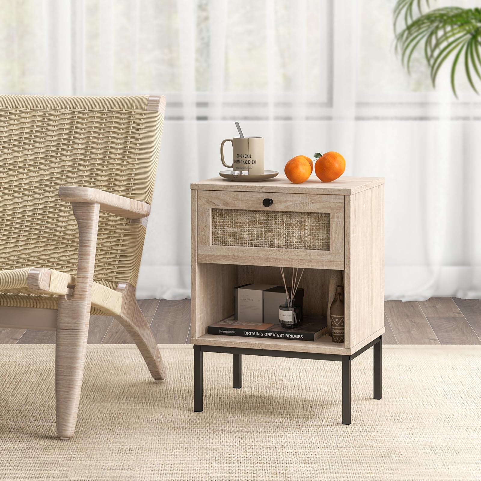 Giantex Rattan Nightstand with Drawer, Boho Side Table with 4 Metal Legs and Open Storage Shelf