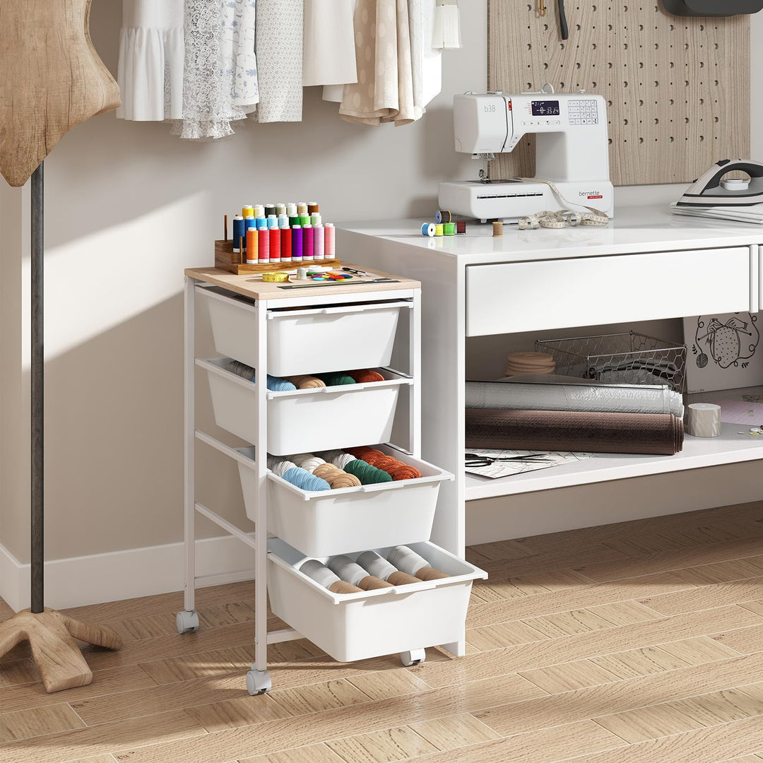 Giantex 4-Drawer Rolling Storage Cart Mobile Utility Organizer with Wooden Tabletop and Lockable Wheels