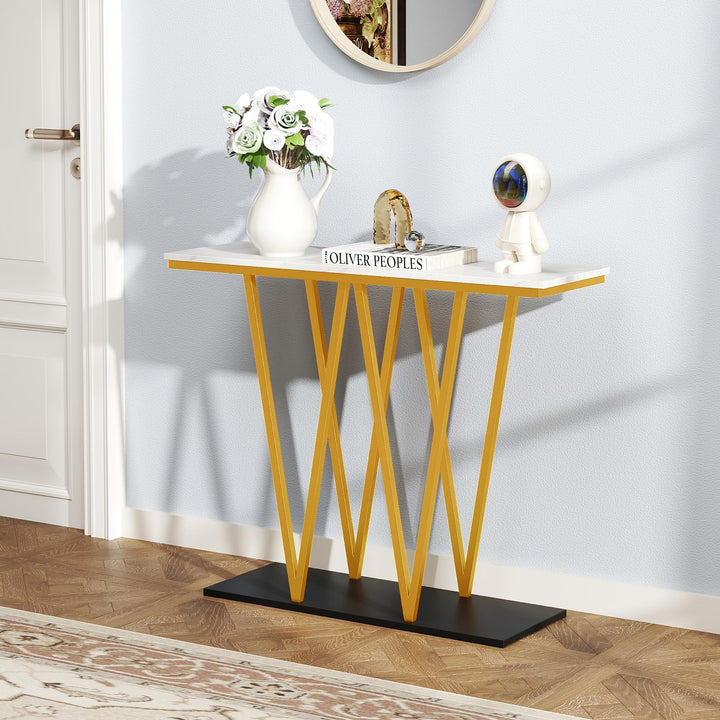 Giantex Gold Entryway Table 40 Inch Modern Console Table with Faux Marble Table and Metal Frame