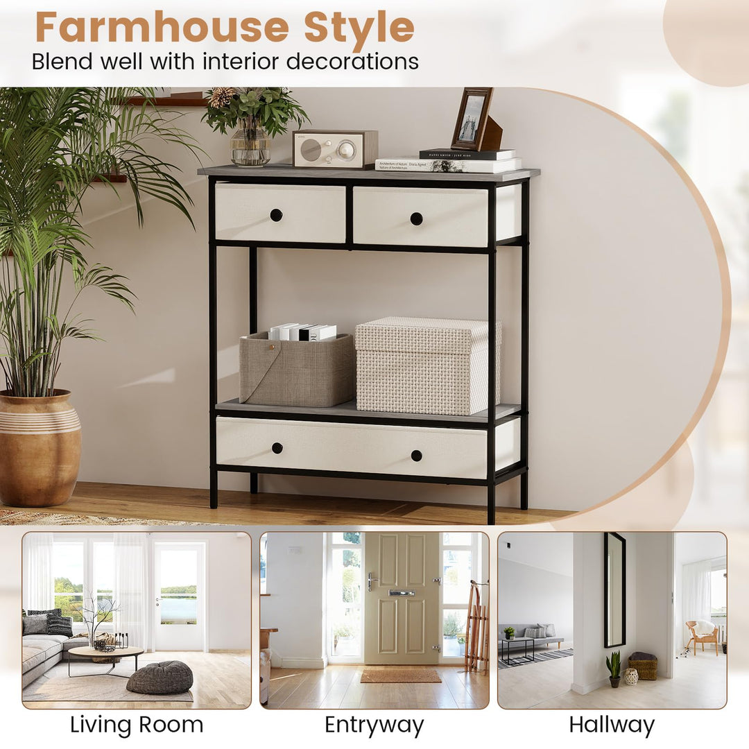 Giantex Farmhouse Console Table 32” Entryway Table with 3 Fabric Drawers & Open Storage Shelf