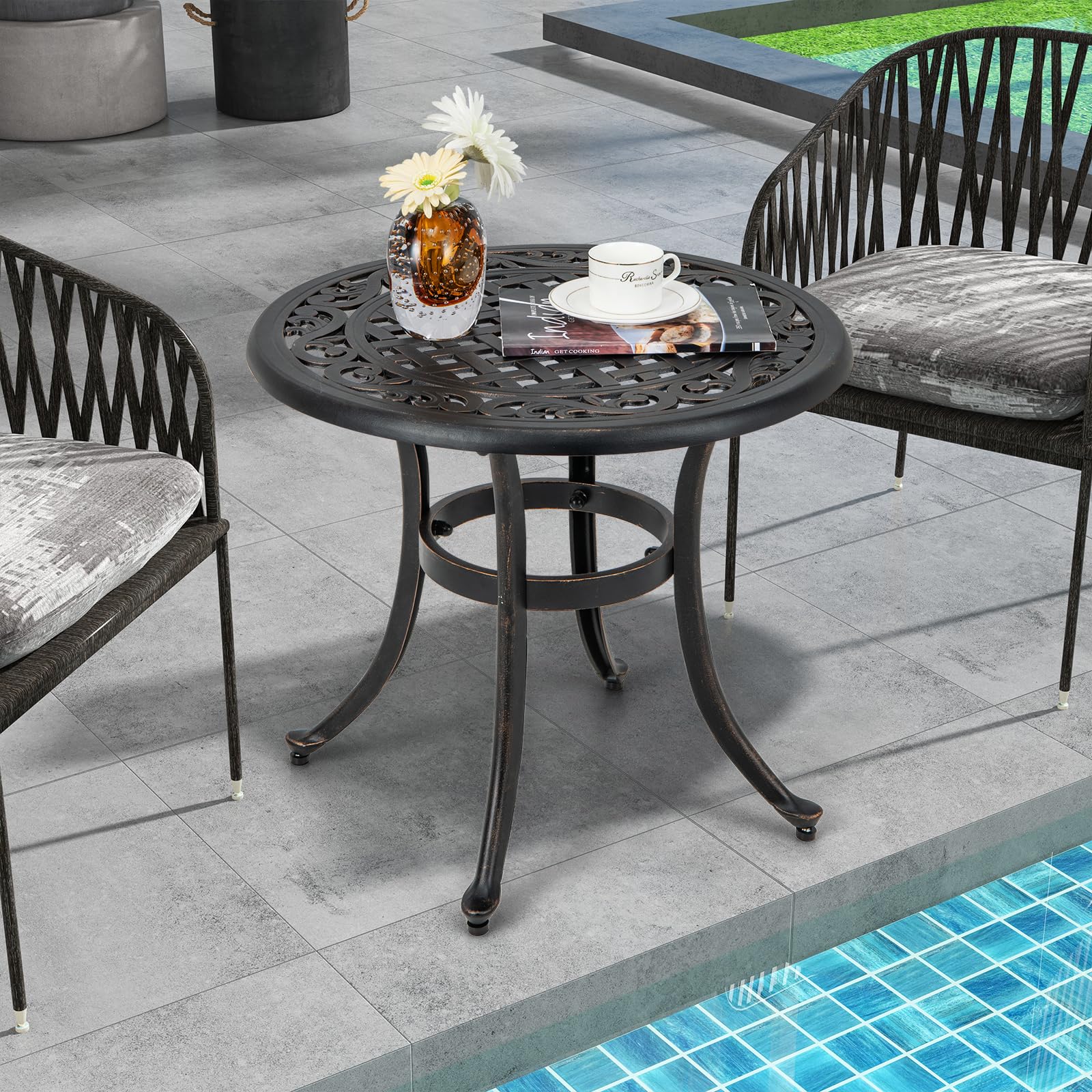 Giantex Patio Bistro Table, 24” Cast Aluminum Round Side Table, Outdoor Coffee Table for Porch, Pool, Backyard, Garden, Balcony