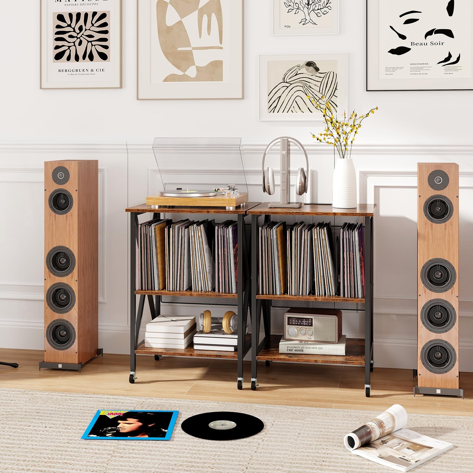 Giantex Record Player Stand with Charging Station, Turntable Stand with Record Storage & 4 Rolling Wheels
