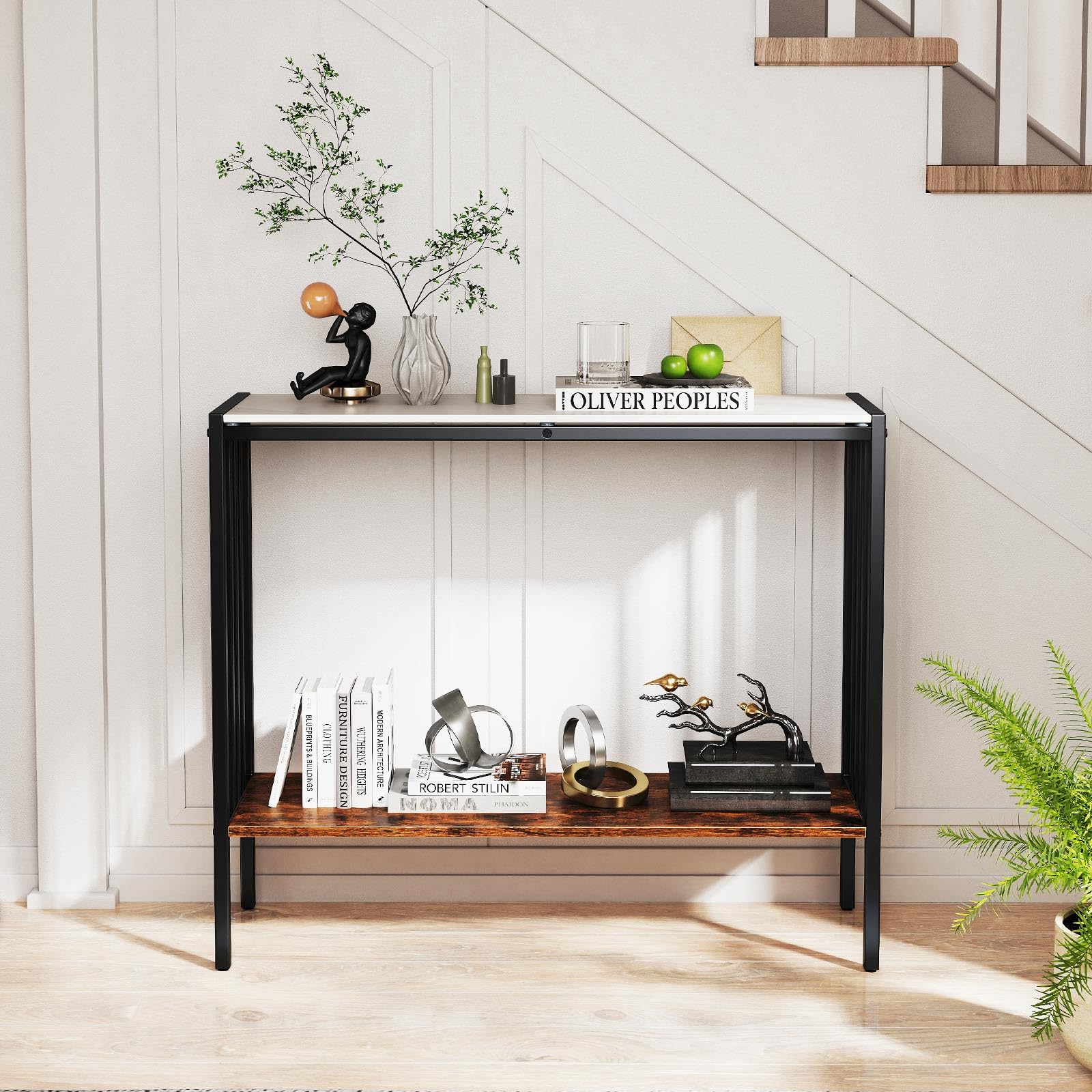 Giantex  2 Tier Industrial Entryway Table with Sintered Stone Tabletop and Open Shelf