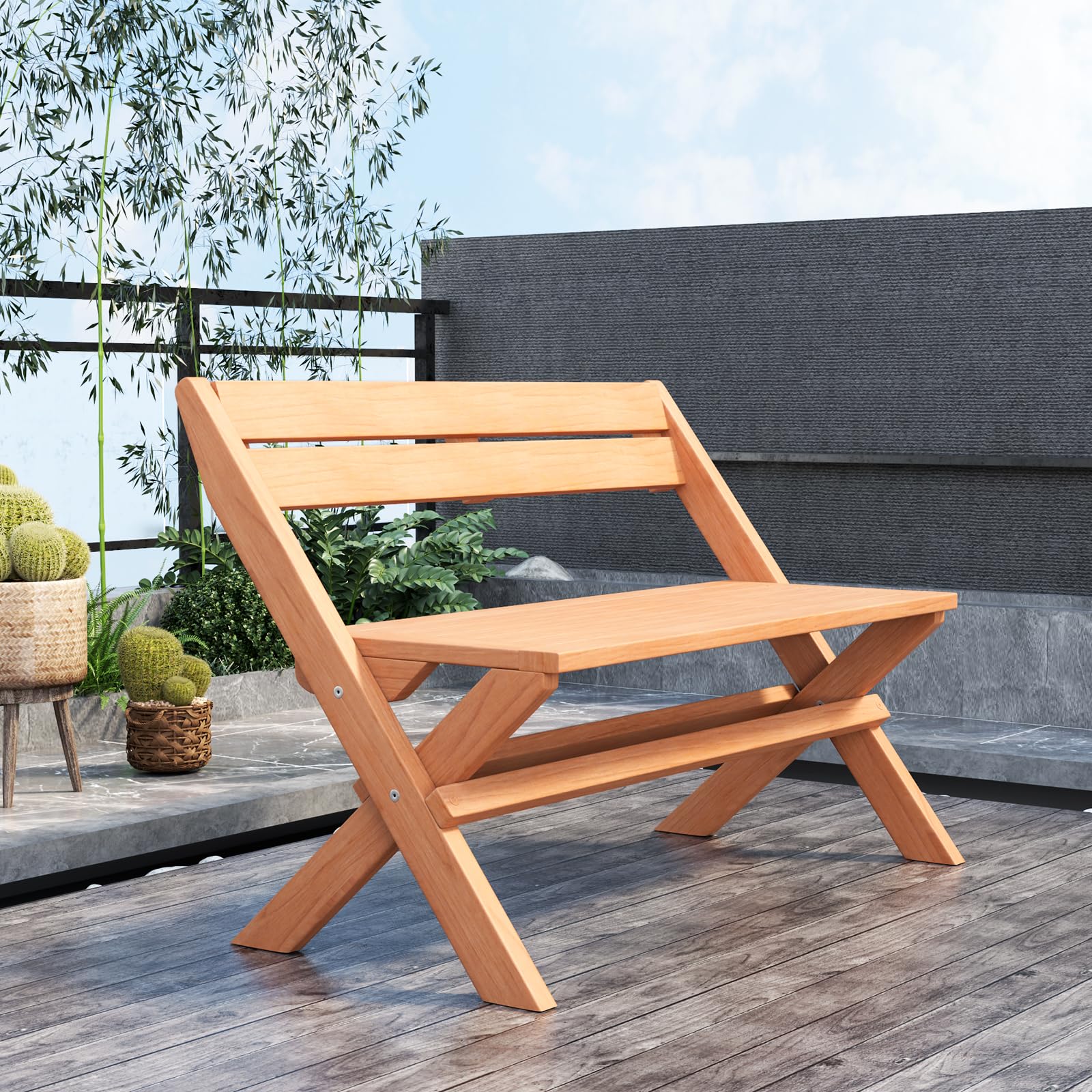 Giantex Wood Outdoor Bench Folding - 2-Person Patio Garden Bench with Solid Teak Wood Structure